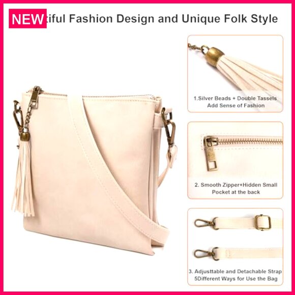 Medium Vegan Leather Crossbody Bag with Tassel, Adjustable Strap, Multiple - Picture 6 of 8